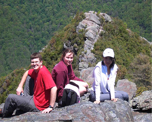 Matt, Erin, and Meng stop to enjoy the scenery while hiking in the Great Smoky Mountains National Park